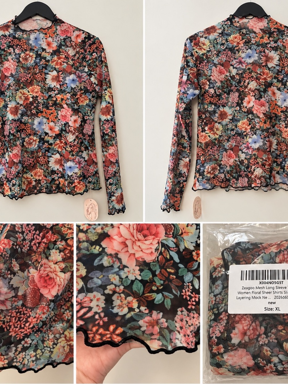 Zeagoo Floral Sheer Mesh Long Sleeve Mock Neck Top XL NWT
